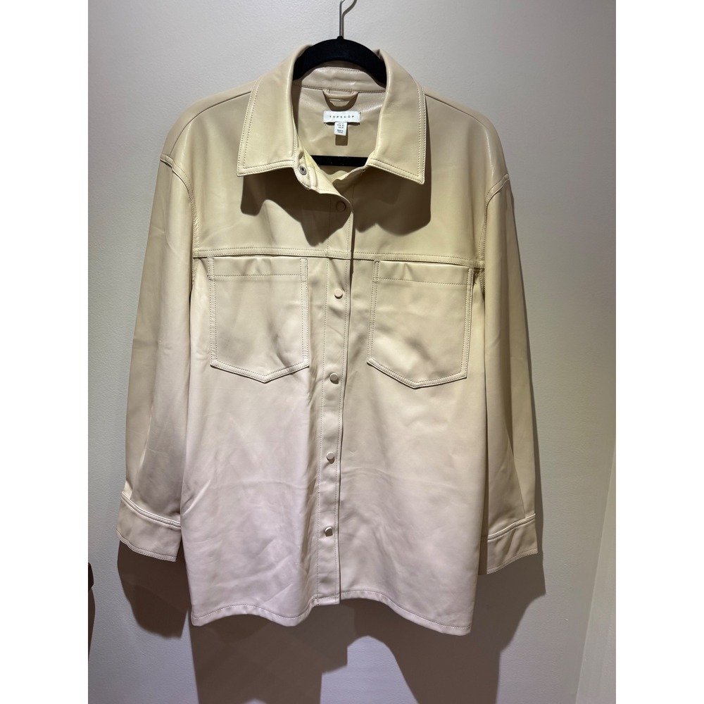 Topshop Faux Leather Shacket Cream Beige Oversized Shirt Jacket US 10